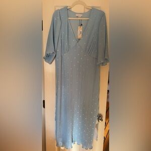Never Fully Dressed Light Blue Ruched Midi Dress